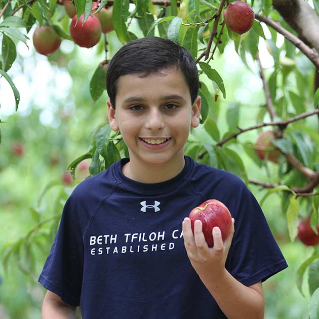 Boy eating apple during travel camp.